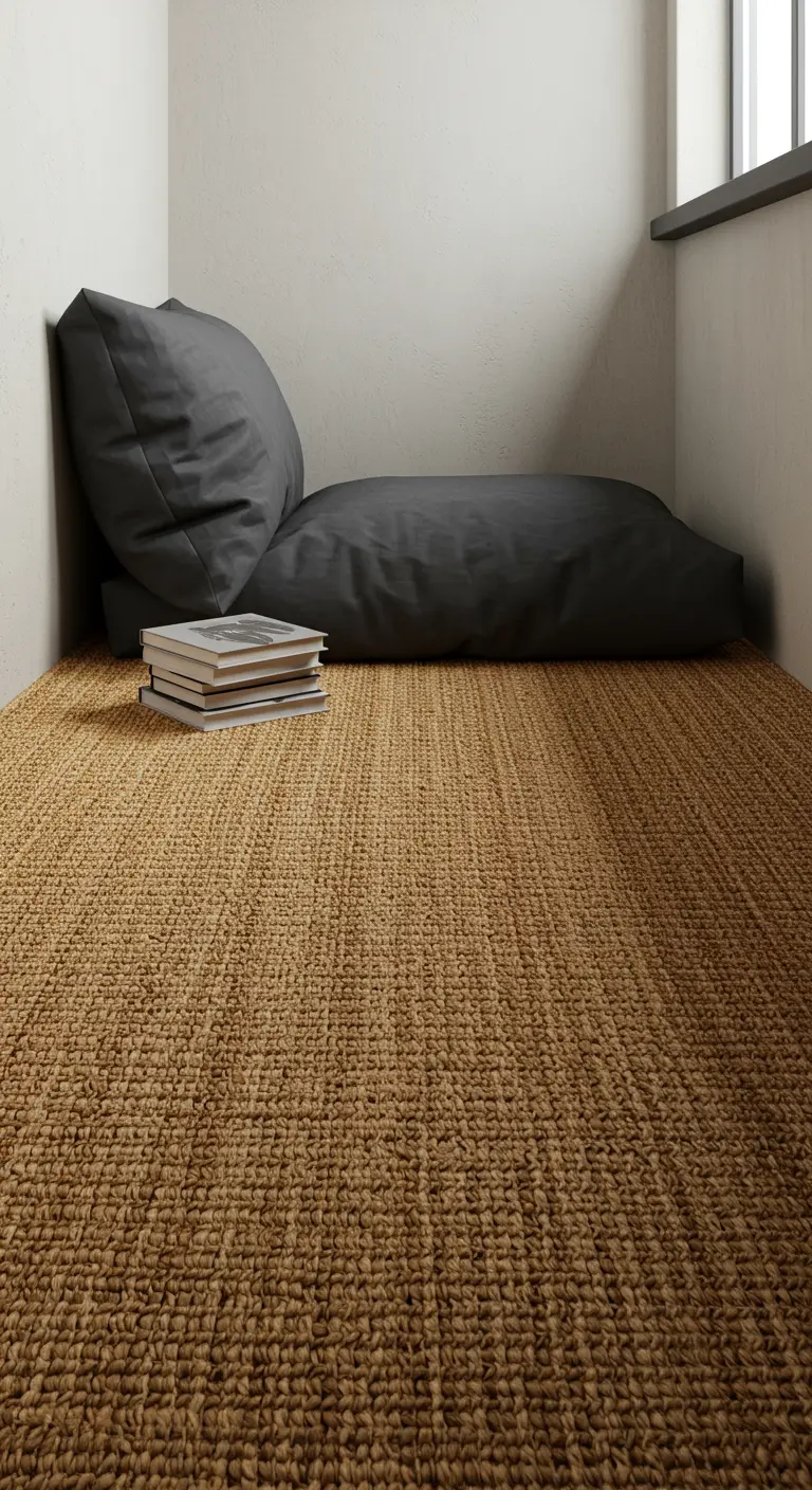 Coin détente minimaliste avec un tapis en jute et de gros coussins de sol gris.