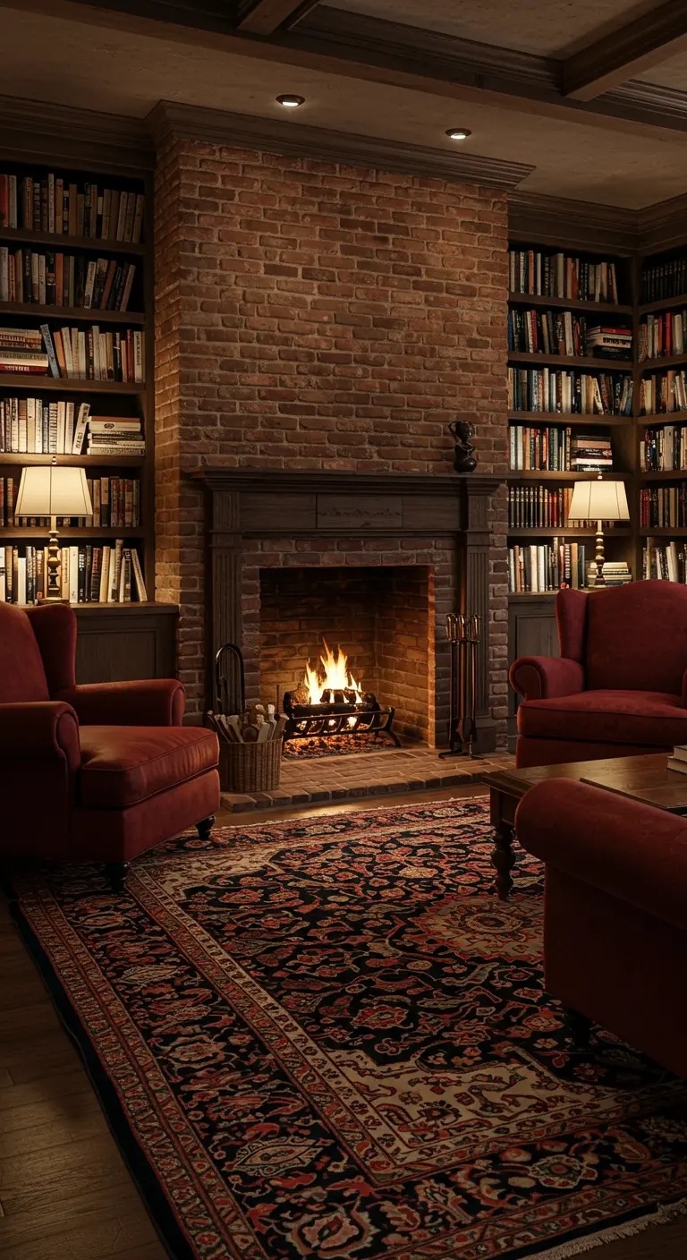 Bibliothèque traditionnelle avec cheminée en brique, fauteuils en velours rouge et murs de livres.
