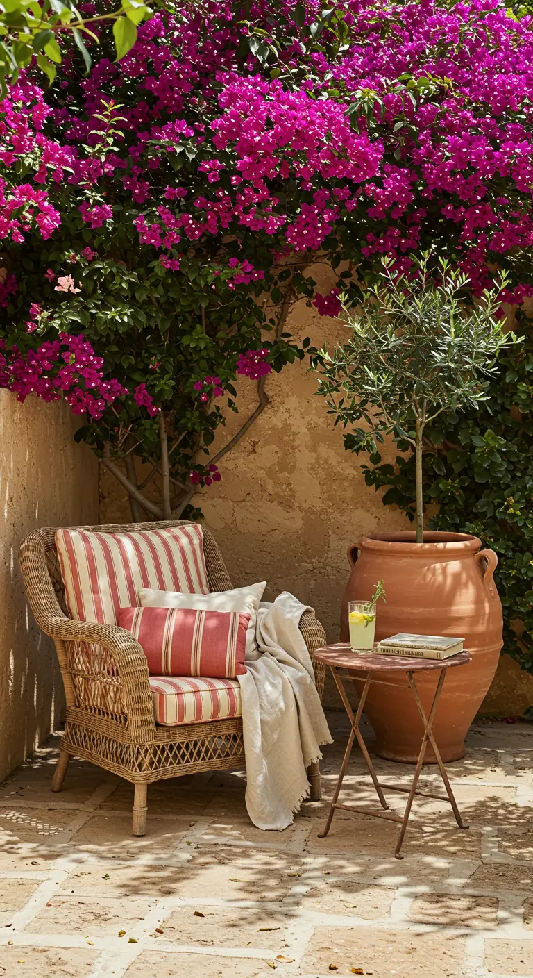 Fauteuil en osier avec coussins rayés rouges à côté d'un bougainvillier.