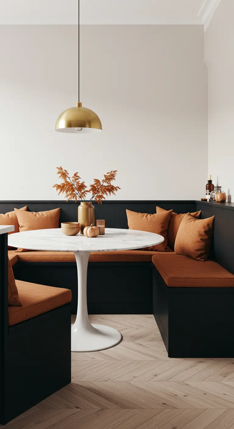 Coin repas avec banquette d'angle noire, coussins terracotta et table ronde blanche.