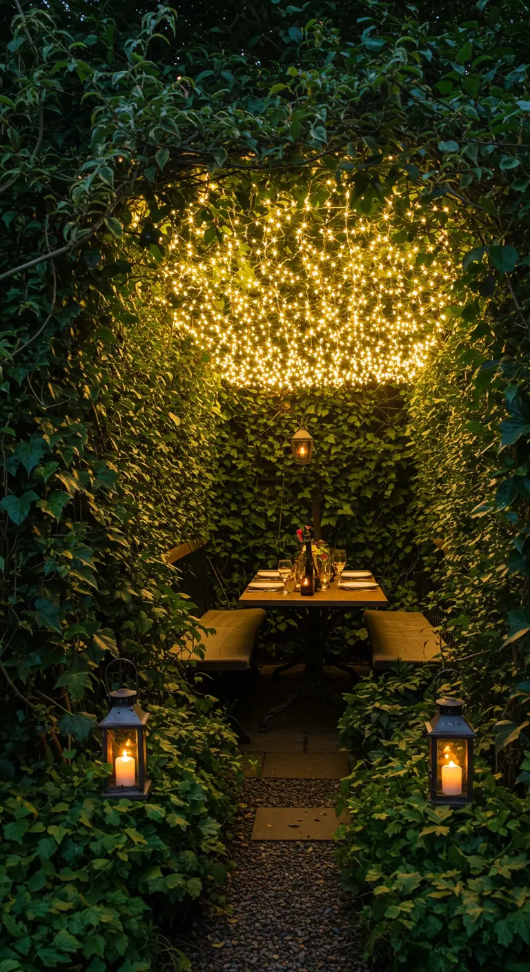 Coin repas extérieur intime sous une arche végétale avec un plafond de guirlandes lumineuses.