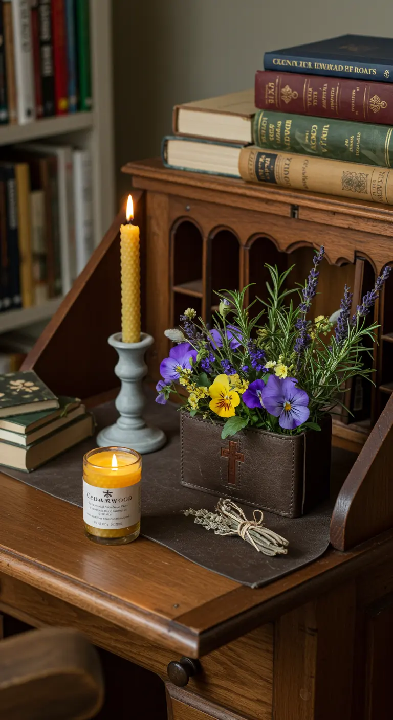 Bureau ancien avec un petit arrangement floral de pensées et lavande, une bougie et des livres.