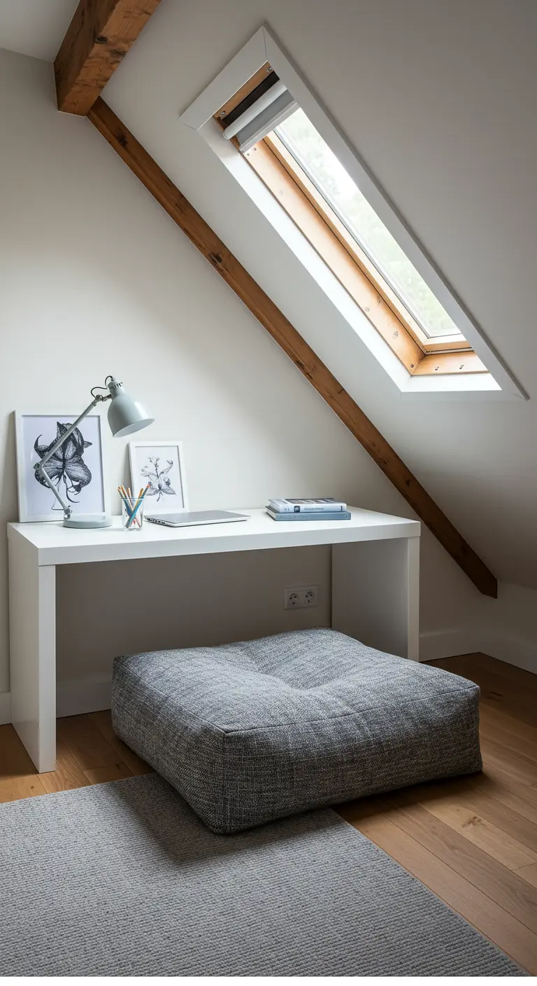 Bureau blanc simple sous une fenêtre de toit dans des combles aménagés.