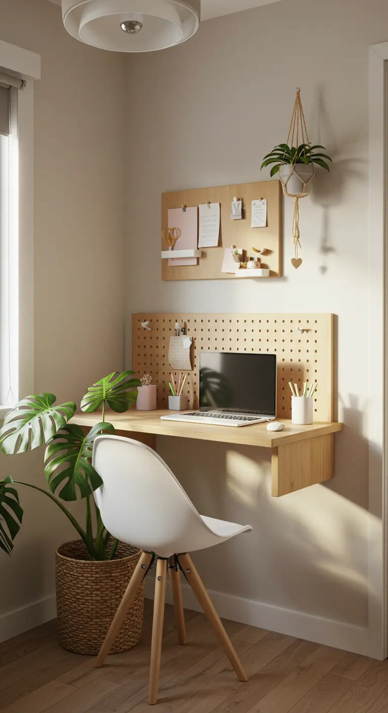 Coin bureau compact avec un bureau flottant et un pegboard en bois.