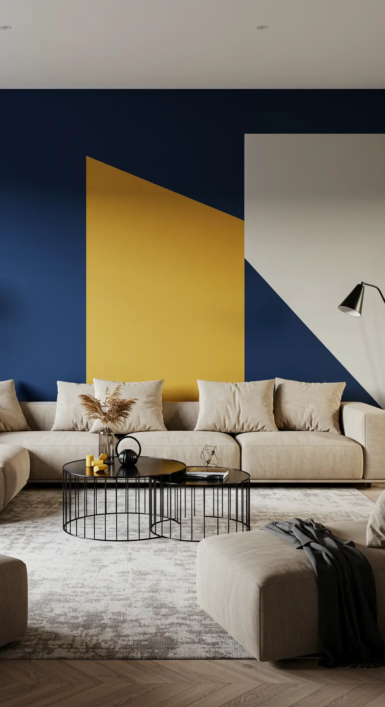 Mur peint en blocs de couleur bleu marine, jaune moutarde et blanc cassé.
