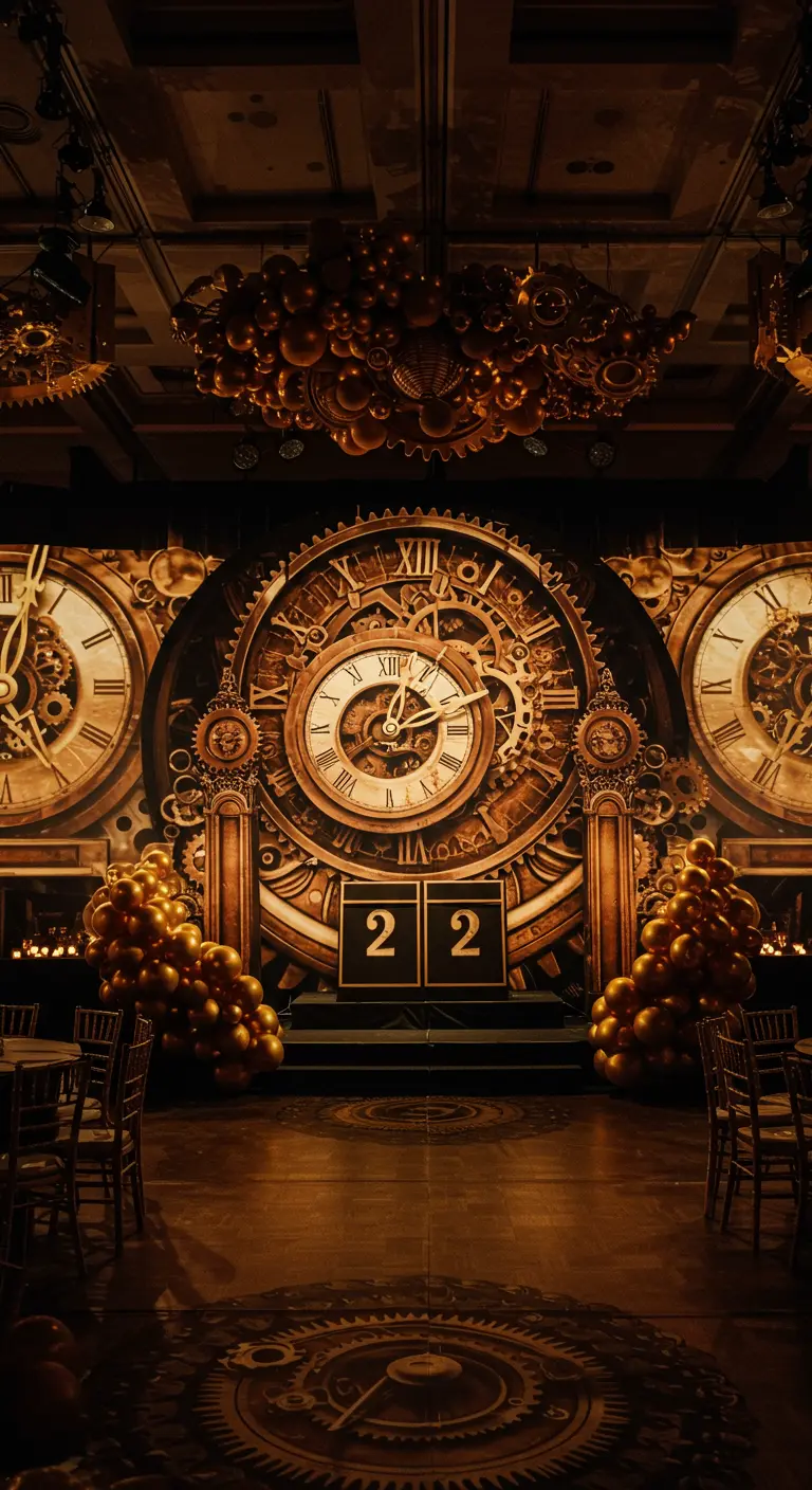 Scène de fête spectaculaire avec un décor de fond sur le thème des horloges Steampunk.