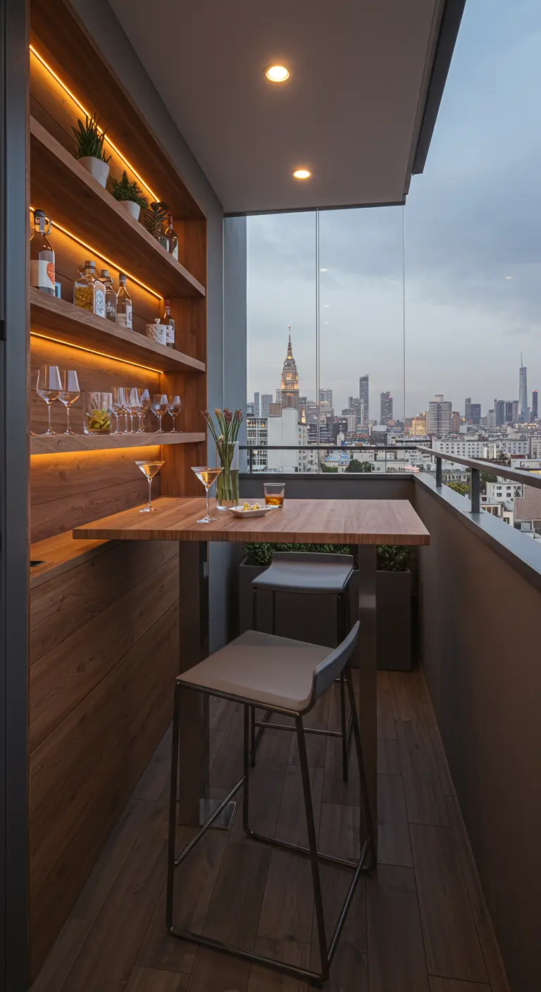 Bar de balcon en bois avec tabourets hauts et étagères illuminées, vue sur la ville.