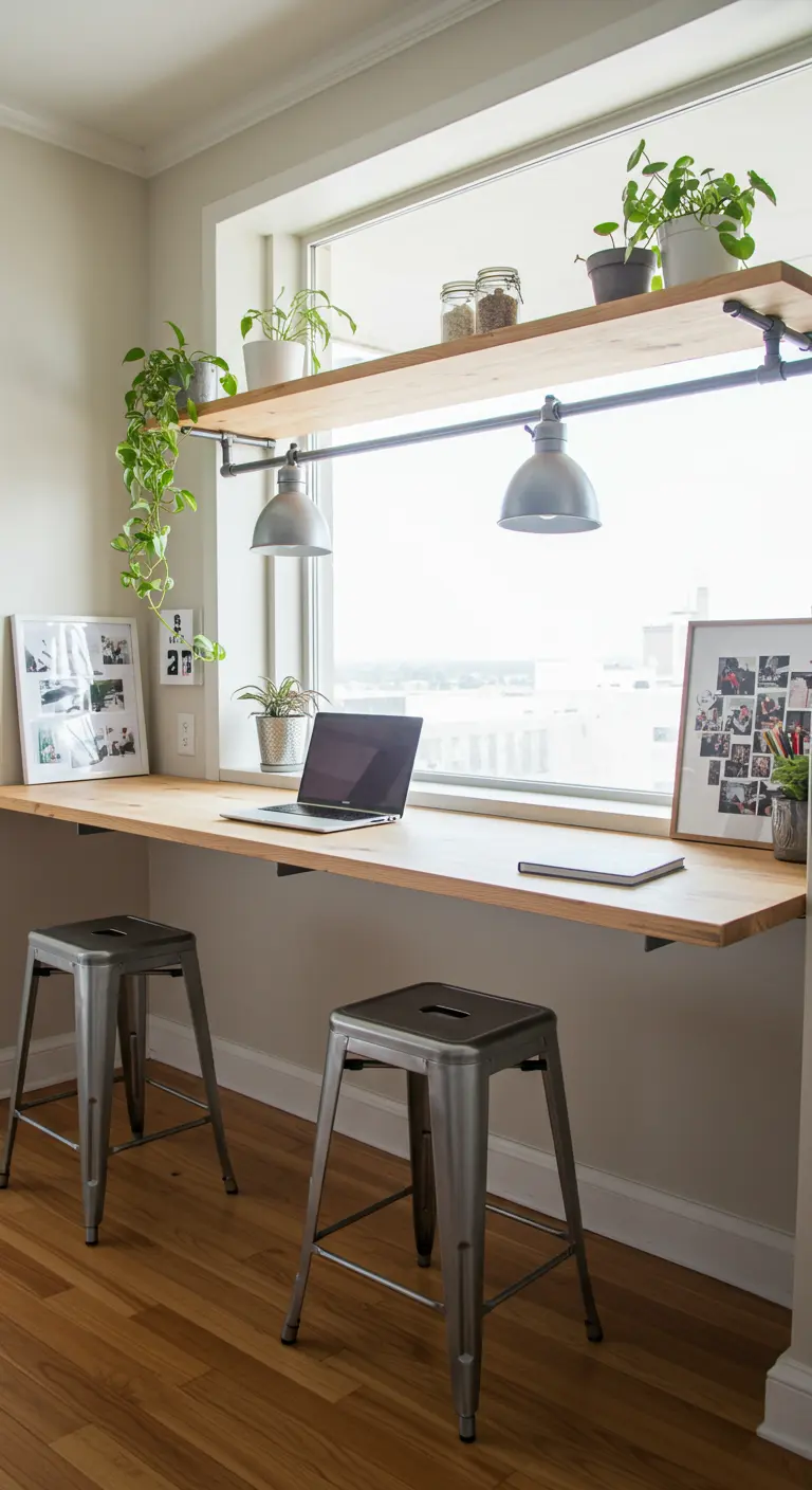 Long bureau en bois sous une fenêtre, éclairé par des suspensions, avec deux tabourets en métal.