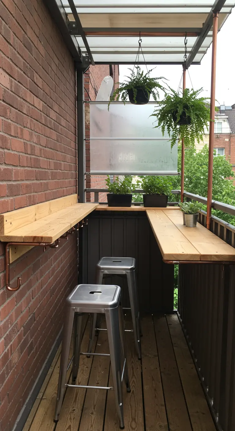 Bar en bois DIY fixé au mur de briques et à la balustrade du balcon.
