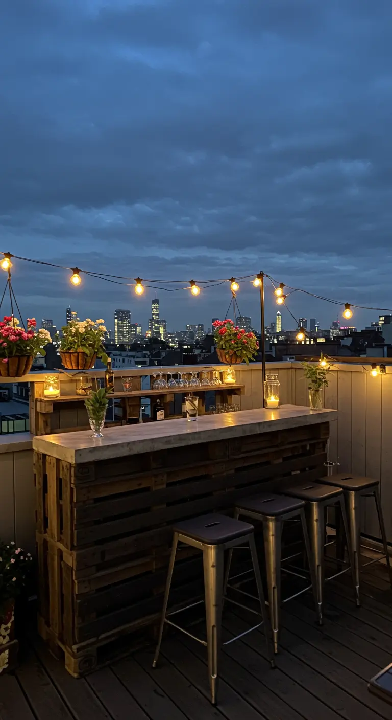 Bar de toit en palettes foncées avec des tabourets en métal et vue sur la ville.