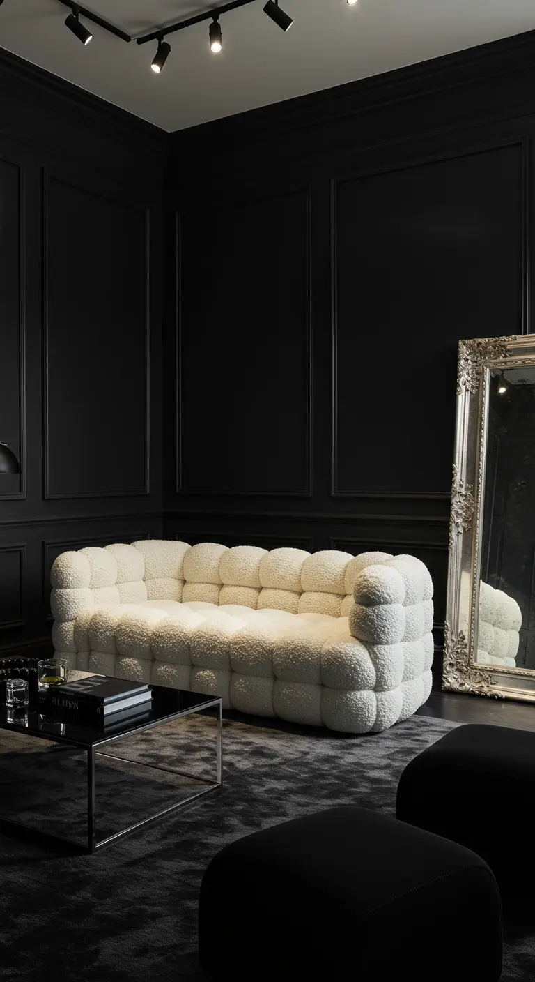 Salon noir mat avec moulures, grand miroir et canapé bouclé blanc.