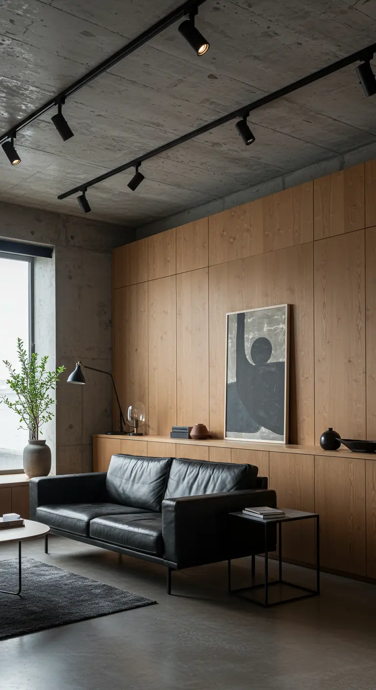 Salon Japandi industriel avec mur en bois, canapé en cuir noir, plafond en béton et spots.