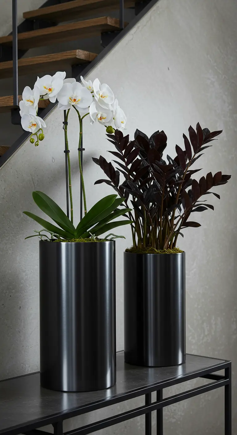 Une orchidée blanche et une plante ZZ noire dans deux pots cylindriques noirs identiques.