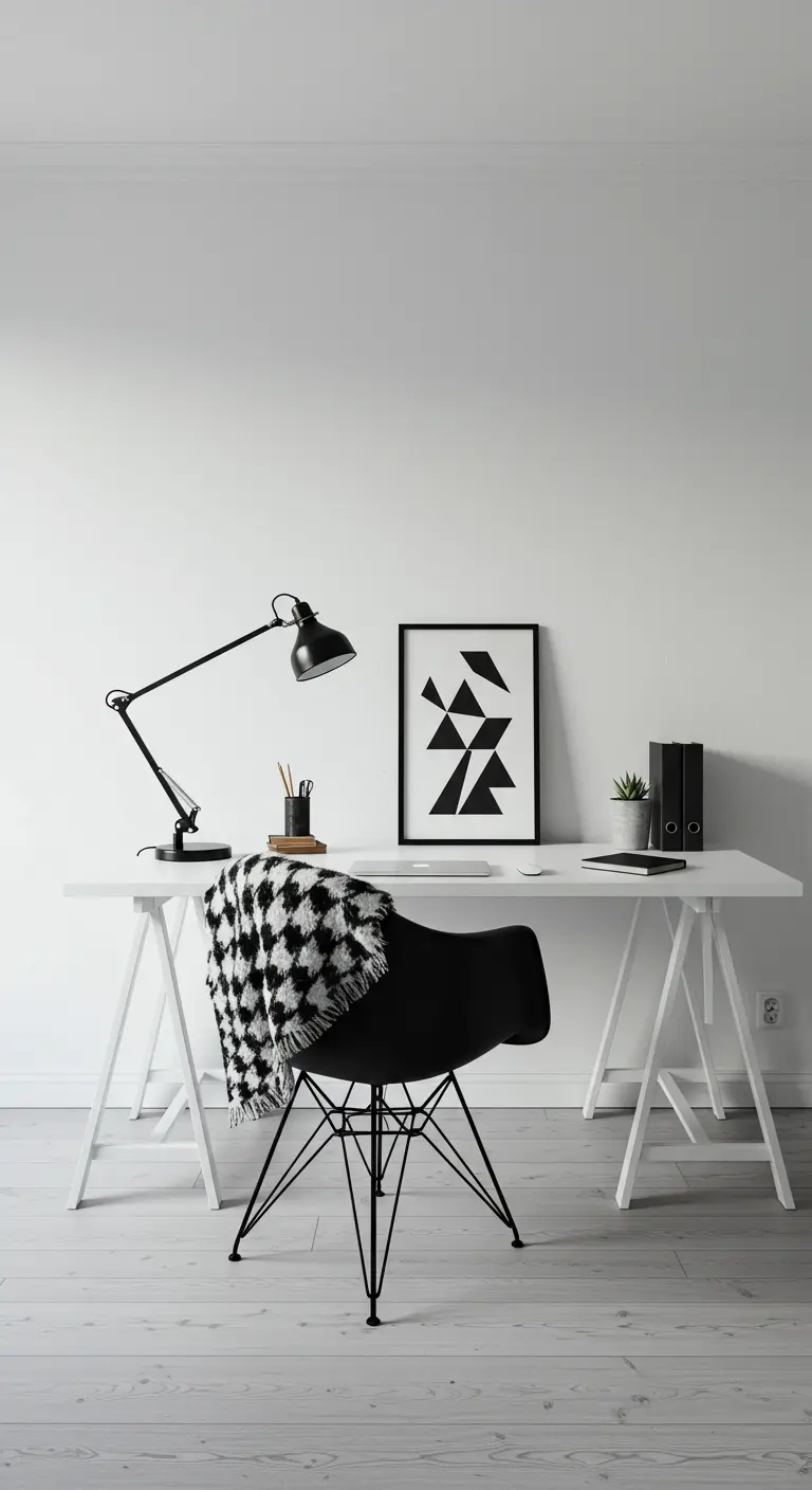 Bureau blanc minimaliste avec chaise et lampe noires, et un plaid à motif pied-de-poule.