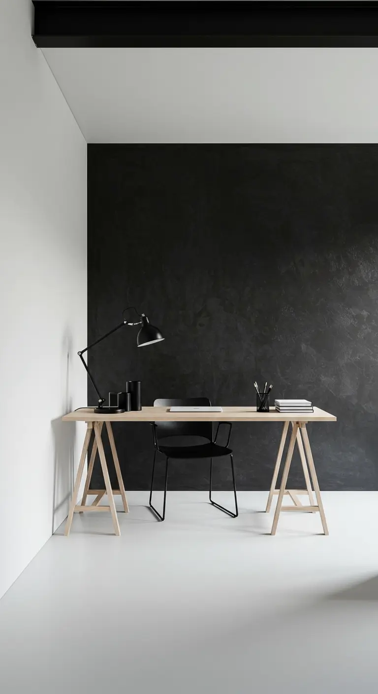 Bureau sur tréteaux en bois clair devant un mur noir texturé, dans une pièce blanche.