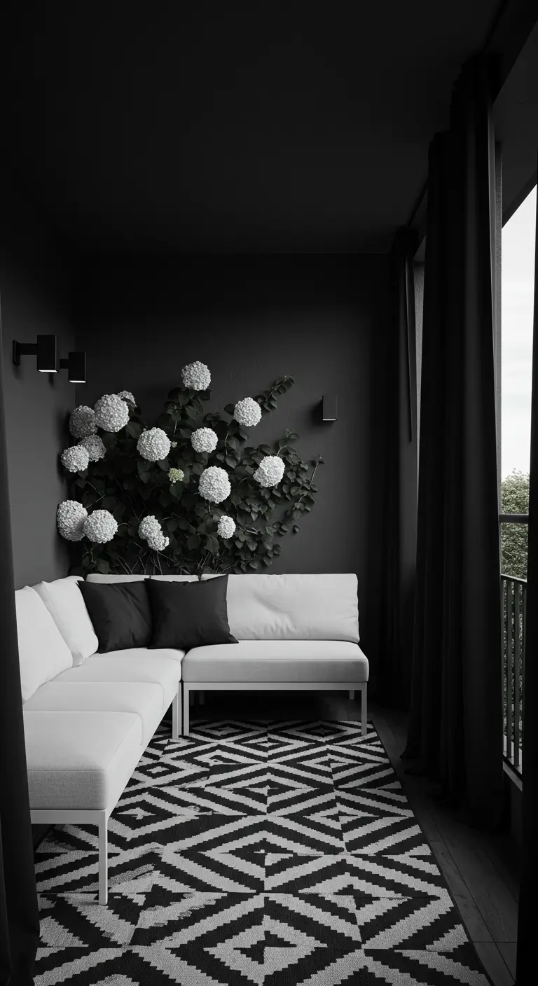 Balcon moderne en noir et blanc avec un canapé blanc et un hortensia grimpant.