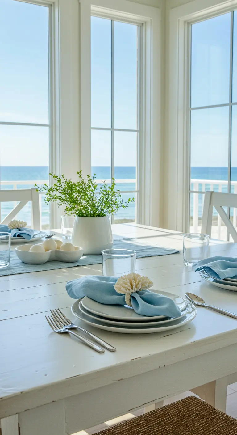 Table lumineuse face à la mer avec une serviette bleue et un rond de serviette corail.