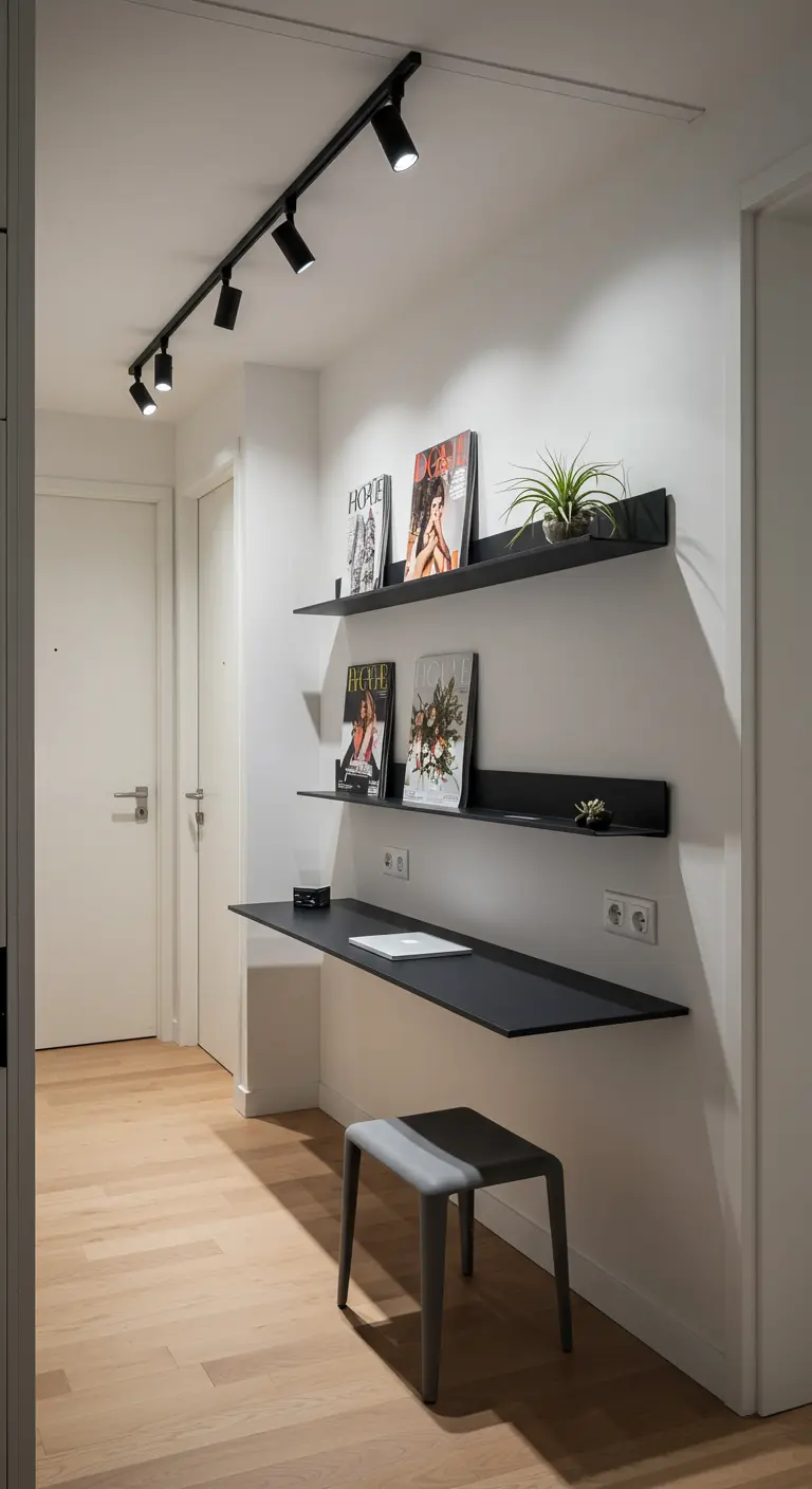 Bureau flottant noir et étagères fines dans un couloir d'appartement.