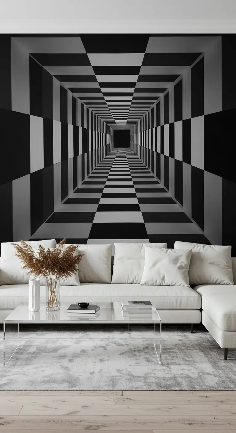 Papier peint panoramique créant une illusion d'optique de tunnel en damier noir et blanc.