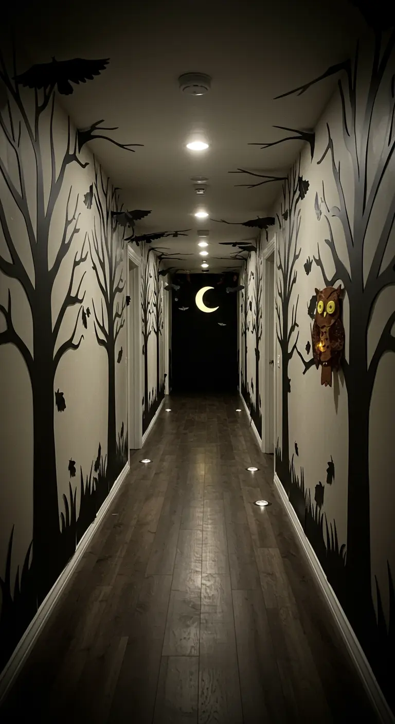 Un long couloir dont les murs sont recouverts de silhouettes noires d'arbres et d'oiseaux.