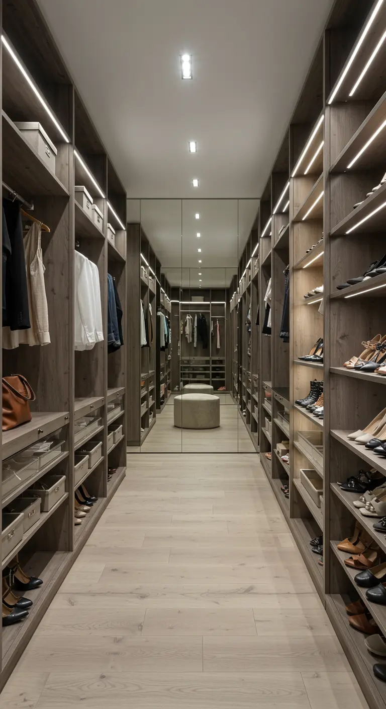 Dressing long et étroit avec des rangements en bois et un mur de miroirs au fond.