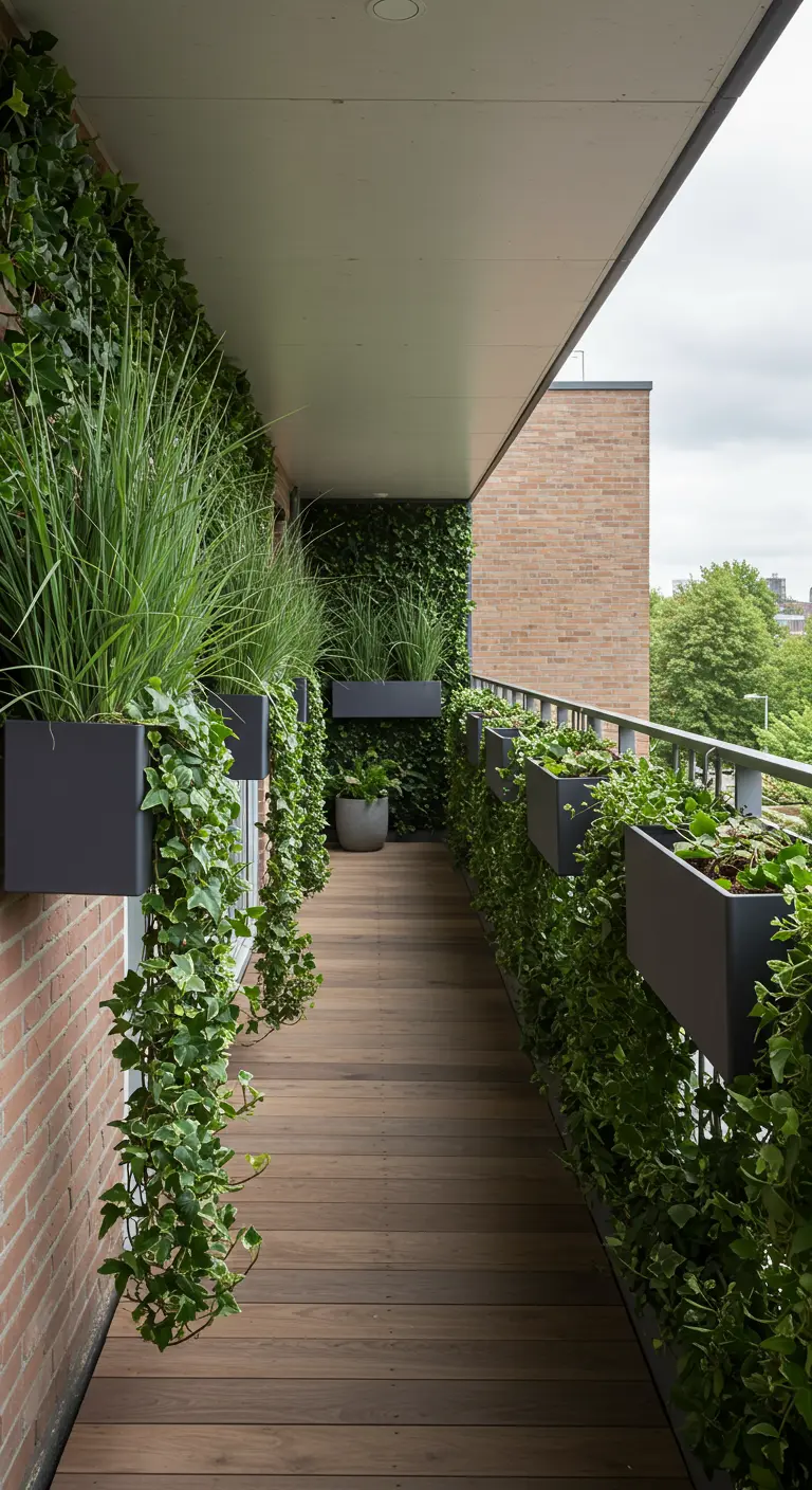 Balcon long et étroit bordé de jardinières luxuriantes et d'un mur végétal.