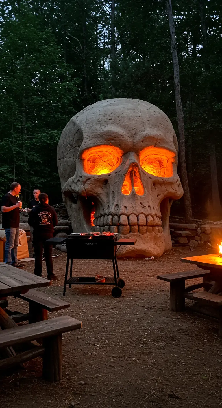 Un crâne géant aux yeux oranges lumineux sert de décor spectaculaire pour un barbecue.