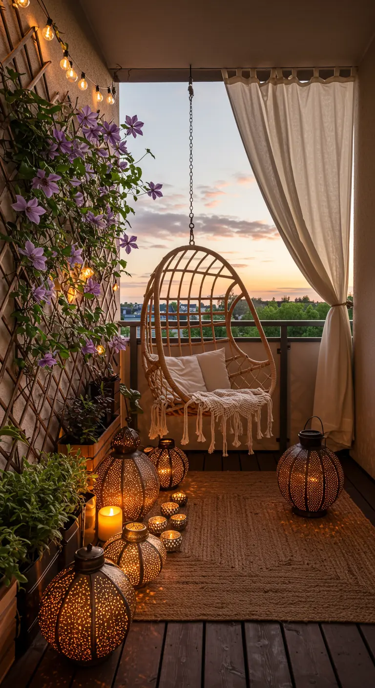 Fauteuil suspendu en rotin sur un balcon avec des lanternes et guirlandes lumineuses au crépuscule.
