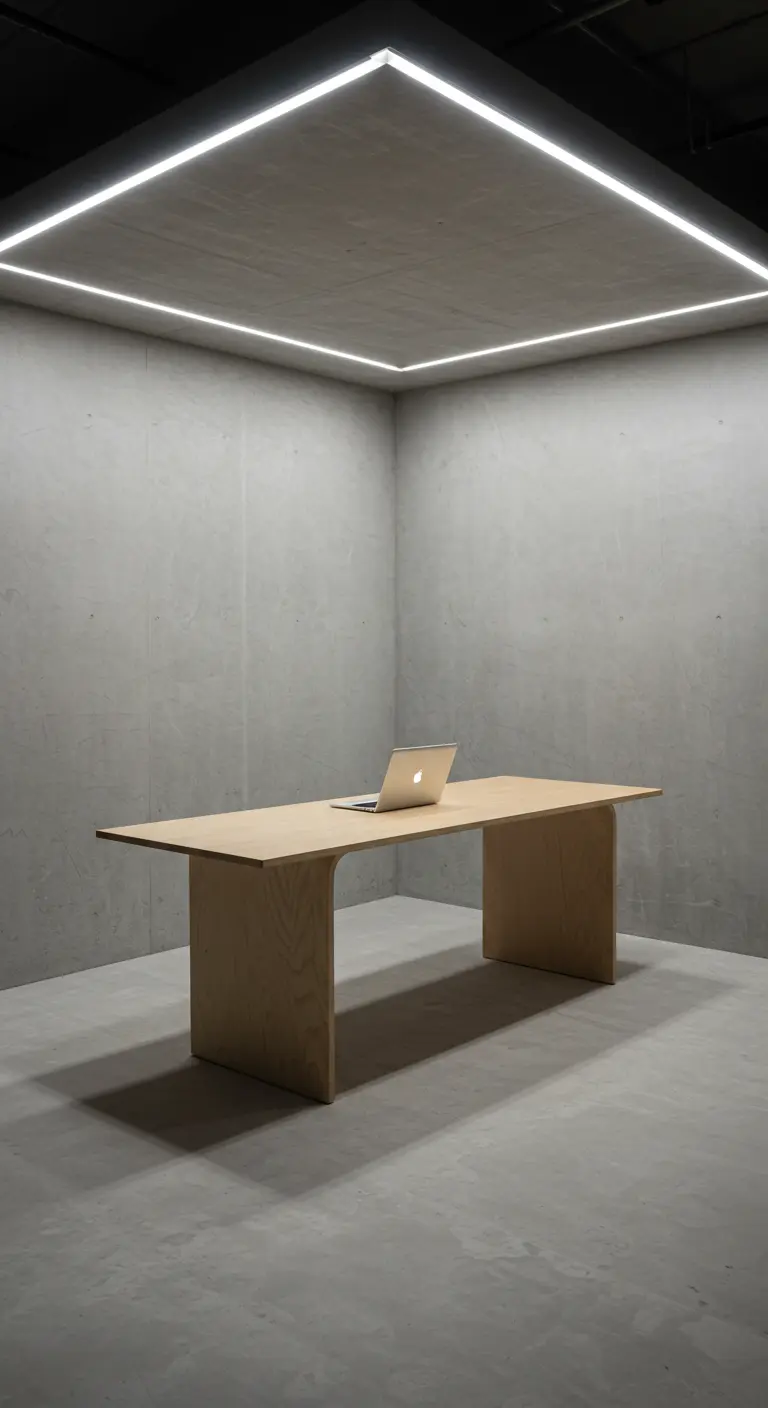Bureau en bois clair au centre d'une pièce cubique en béton, éclairée par un halo carré au plafond.