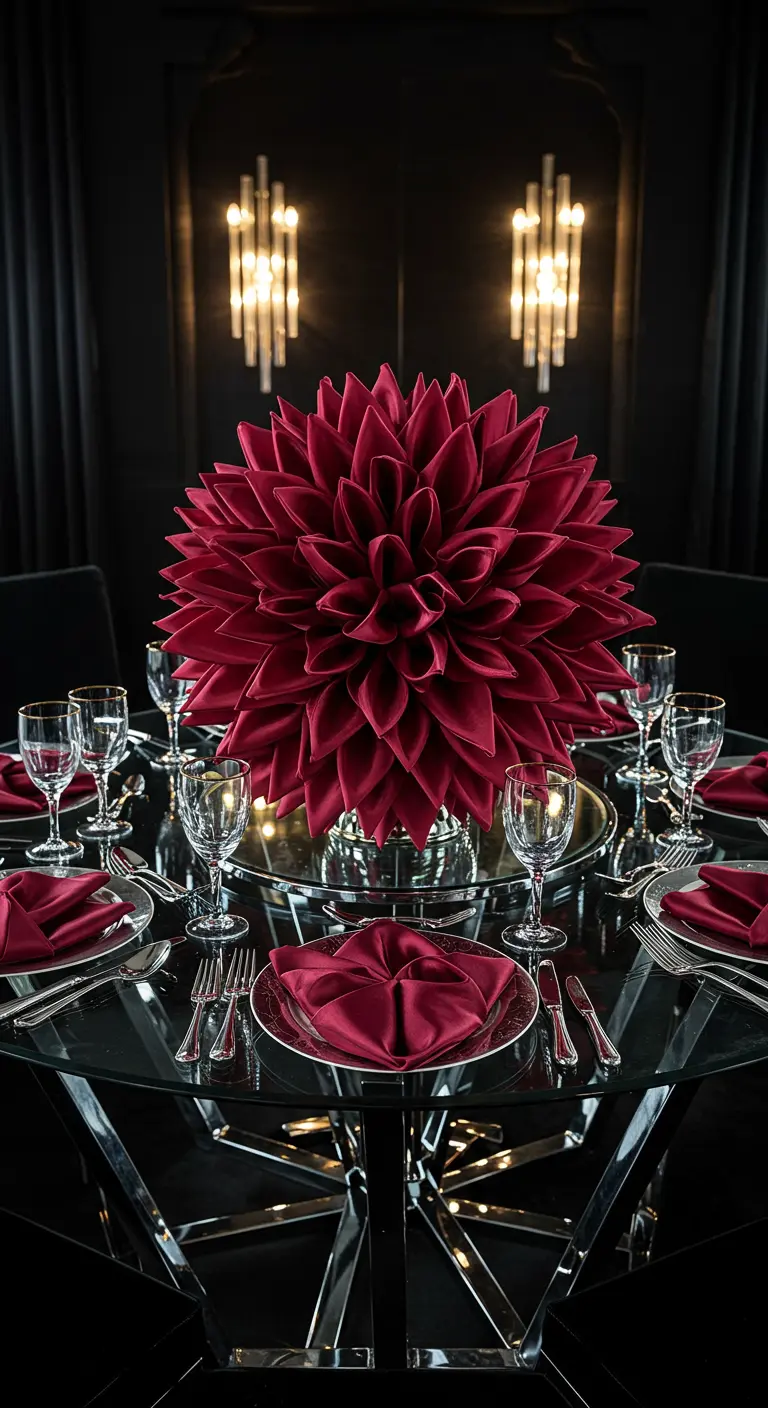 Centre de table spectaculaire en forme de dahlia bordeaux, fait de serviettes pliées.