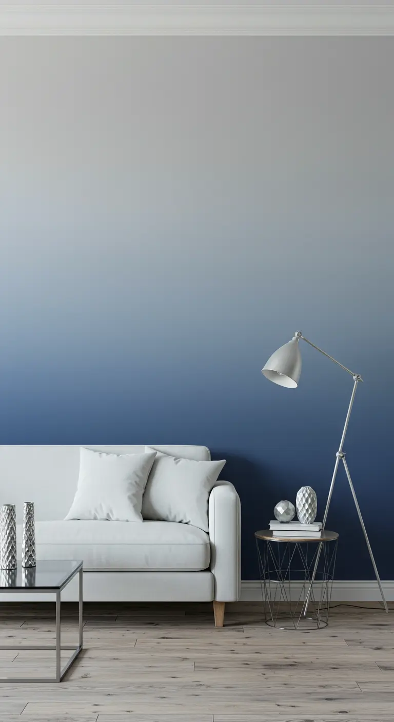 Mur peint en dégradé de bleu, du plus foncé en bas au plus clair en haut.