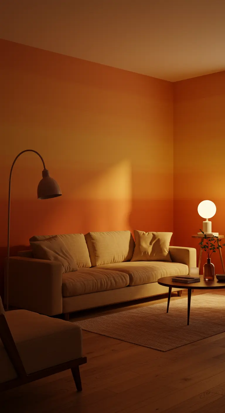 Mur peint en dégradé de couleurs chaudes, allant de l'orange au jaune, créant un effet de coucher de soleil.