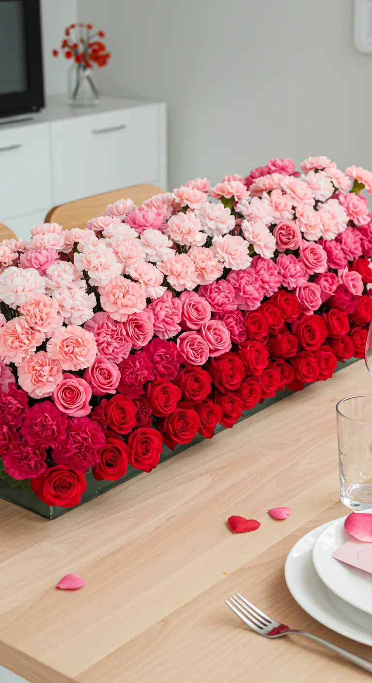 Centre de table long et rectangulaire avec un dégradé de roses et d'œillets.