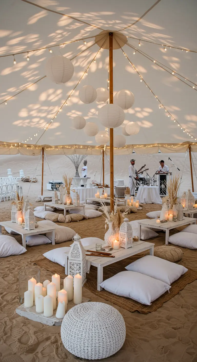 Tente blanche décorée de lampions, guirlandes lumineuses, coussins au sol et tables basses sur le sable.