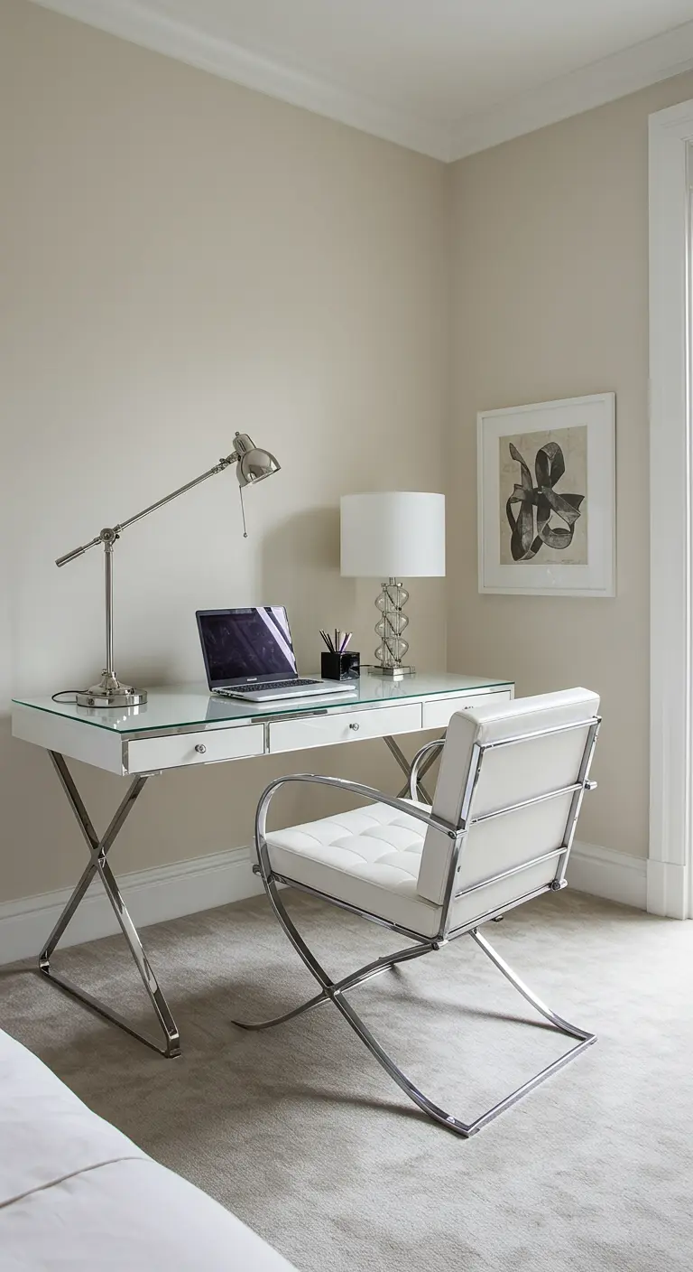 Bureau design avec plateau en verre et pieds en chrome, associé à une chaise blanche moderne.