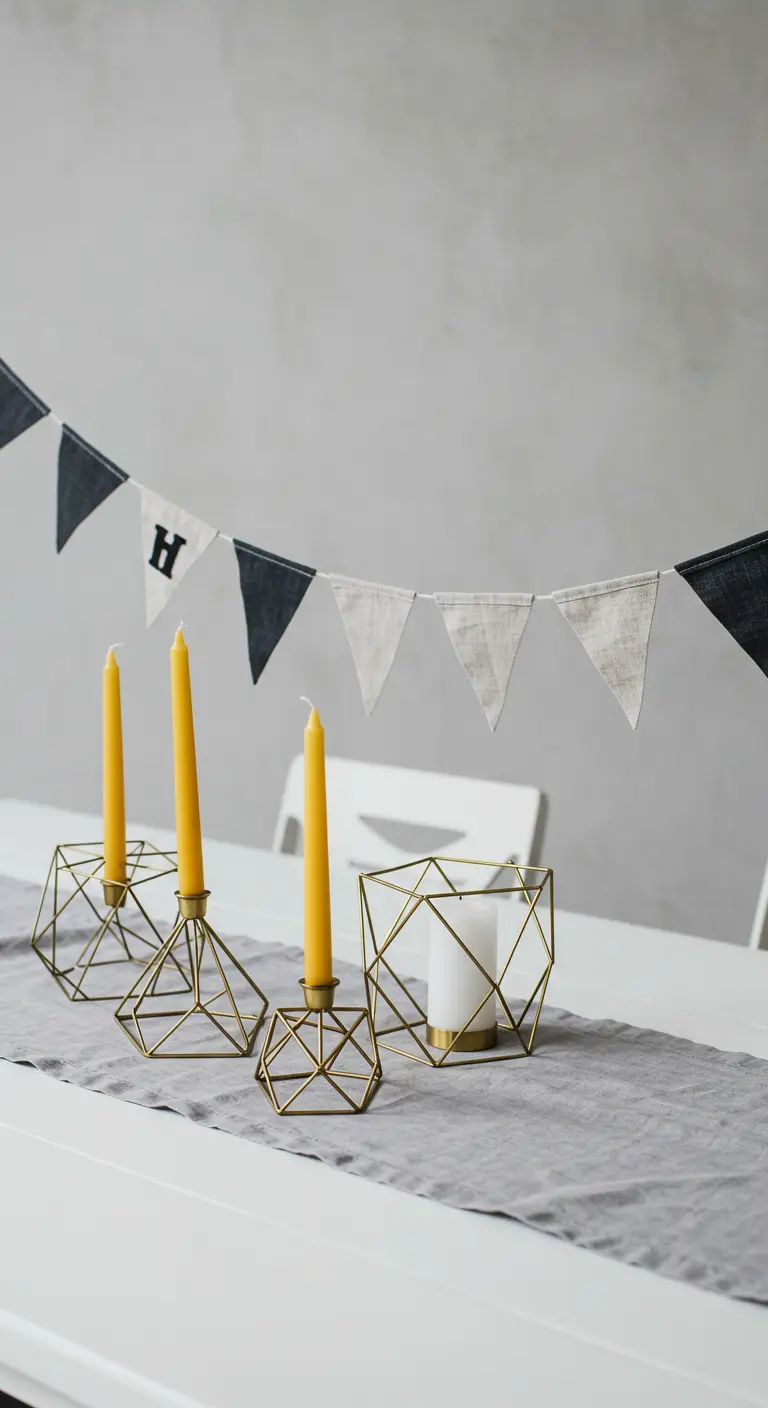 Bougeoirs géométriques dorés sur une table minimaliste avec chemin de table gris.