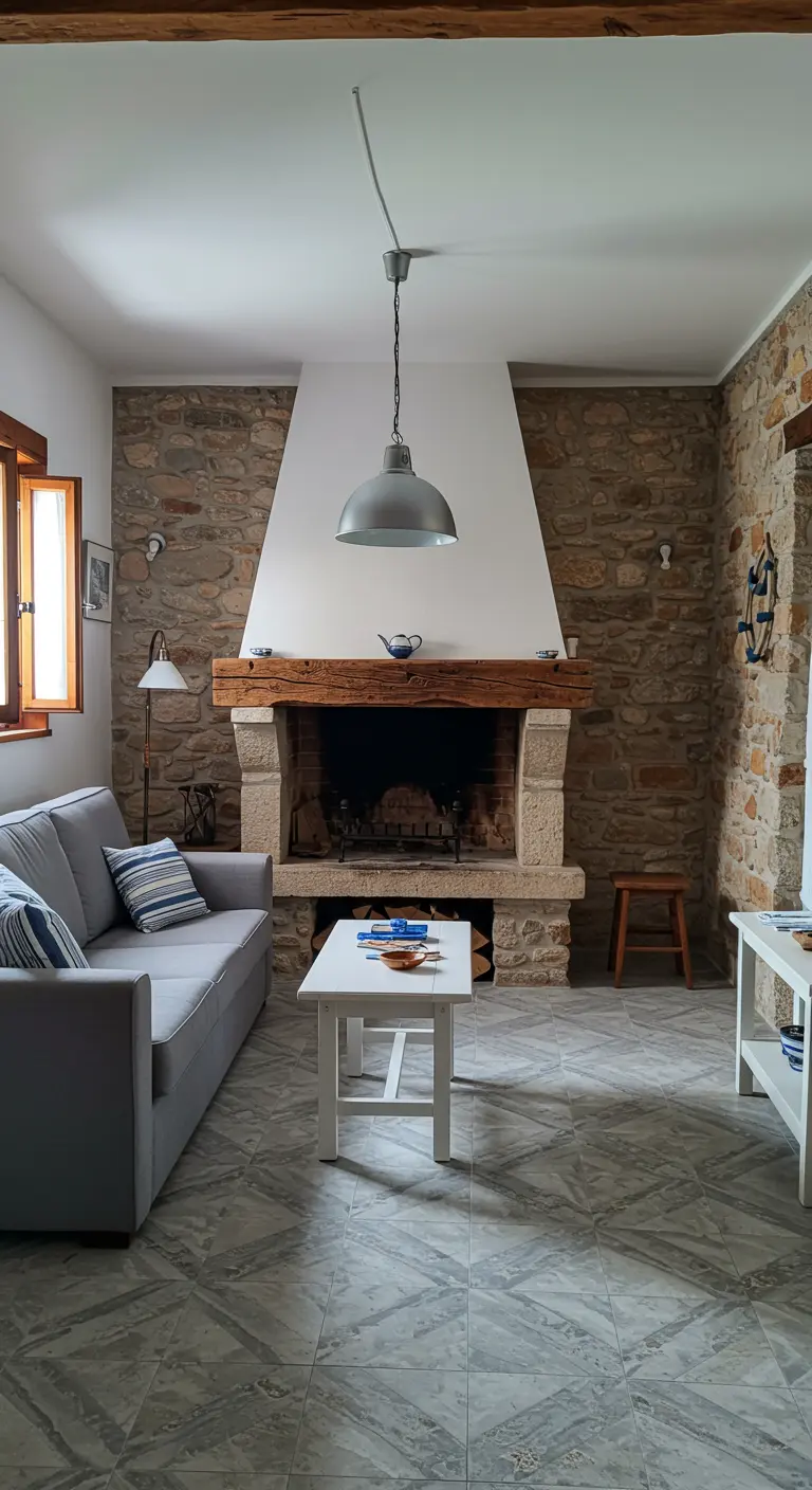 Salon avec murs en pierre, cheminée moderne et carrelage gris à motifs.