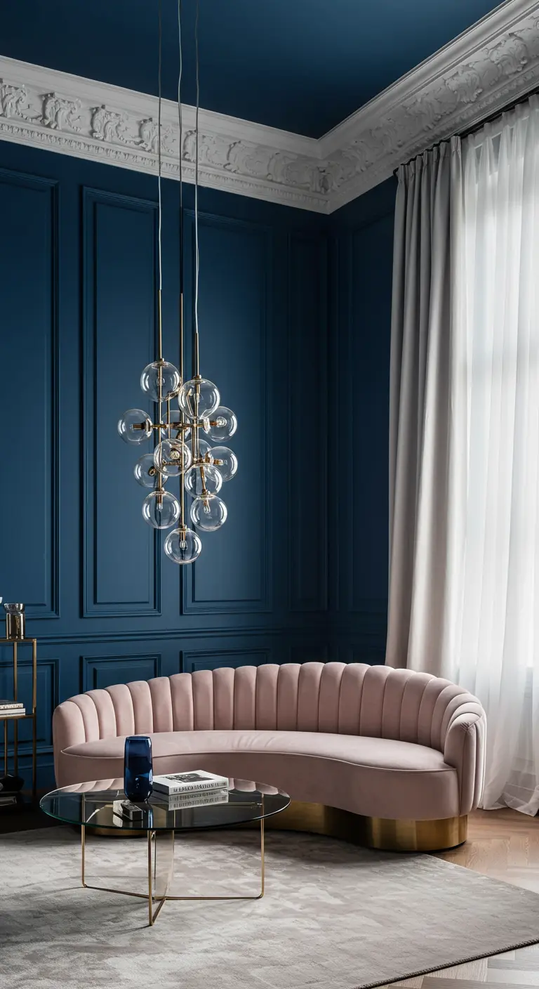 Salon bleu intense avec canapé rose poudré et suspension en laiton.