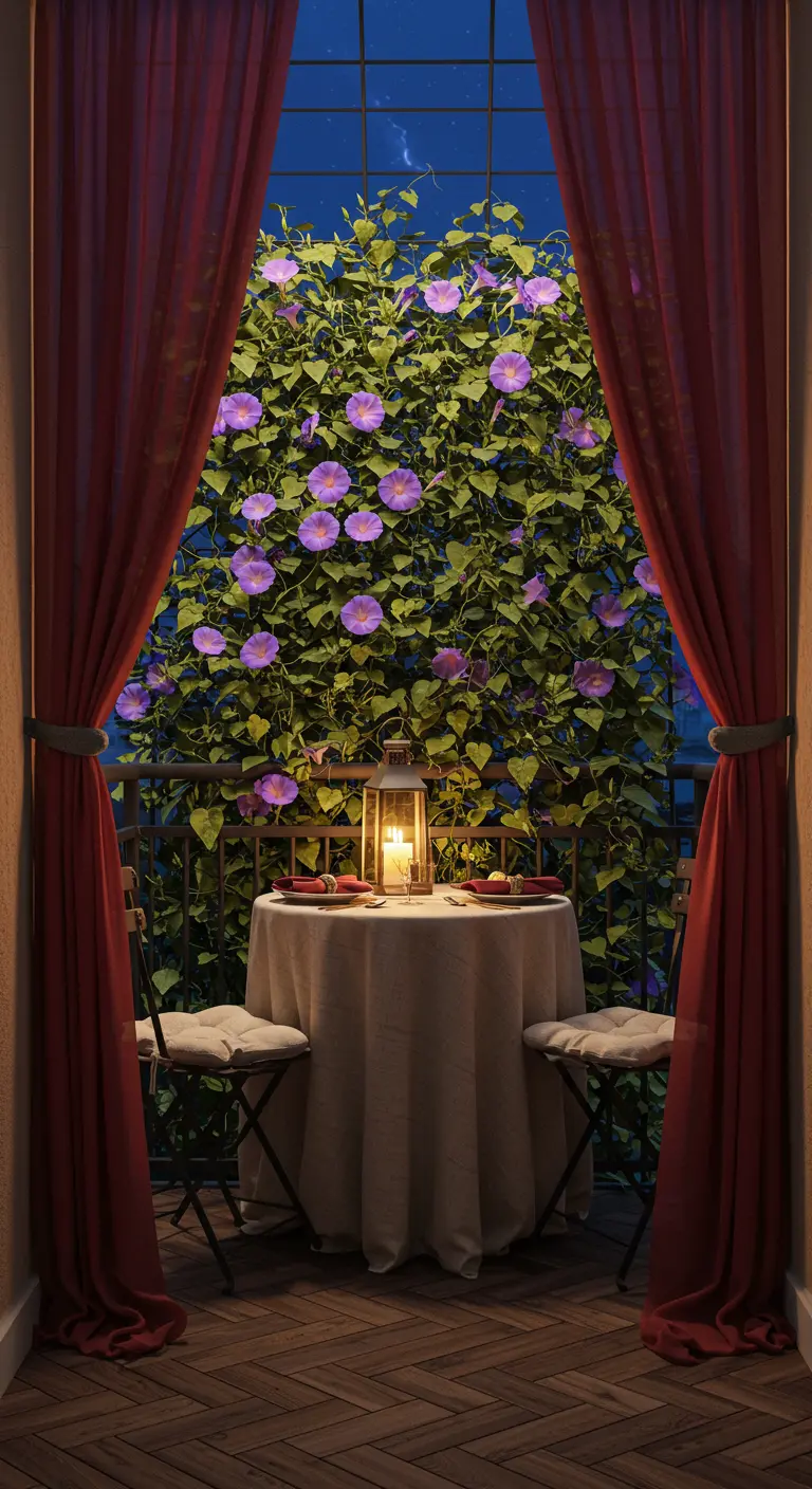 Table de dîner romantique sur un balcon encadré par des rideaux et des ipomées.