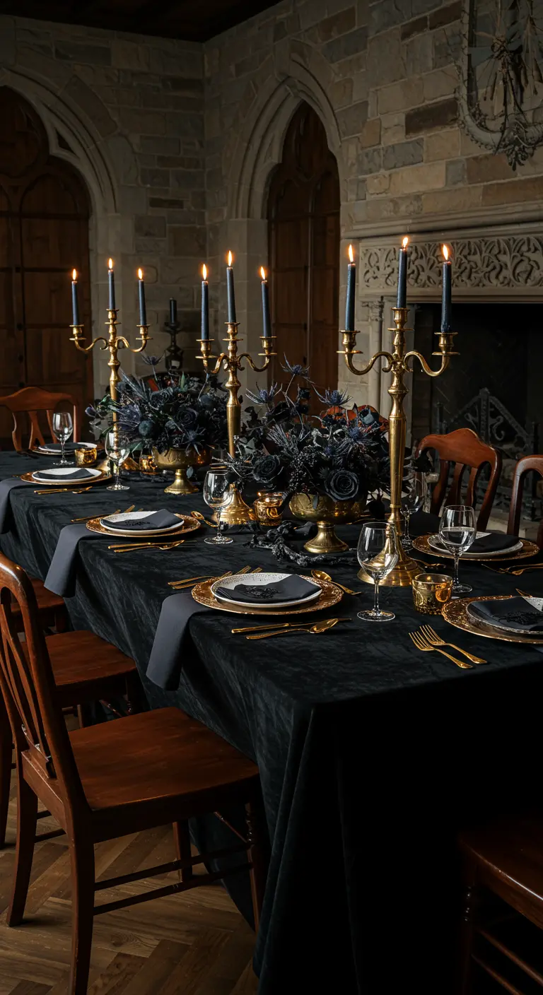 Table de banquet dans un château avec chandeliers dorés et nappe en velours noir.