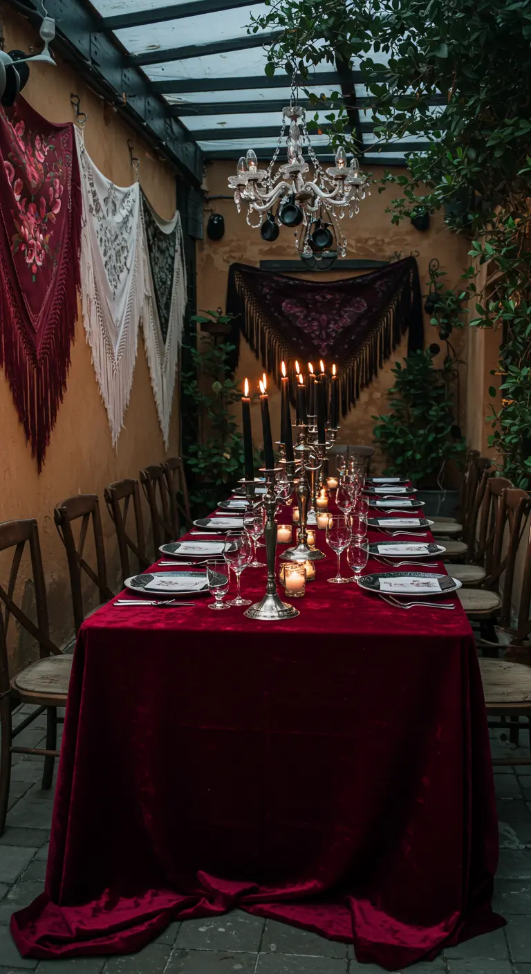 Table de dîner avec nappe en velours rouge, candélabres et châles espagnols au mur.