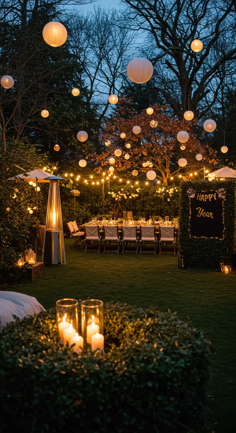 Jardin illuminé pour une fête nocturne avec une longue table, des lampions et des guirlandes.