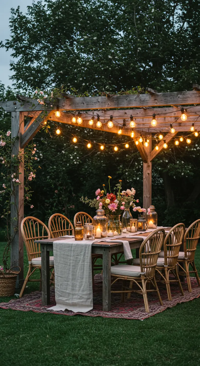 Table de dîner en plein air sous une pergola en bois éclairée par des guirlandes lumineuses.
