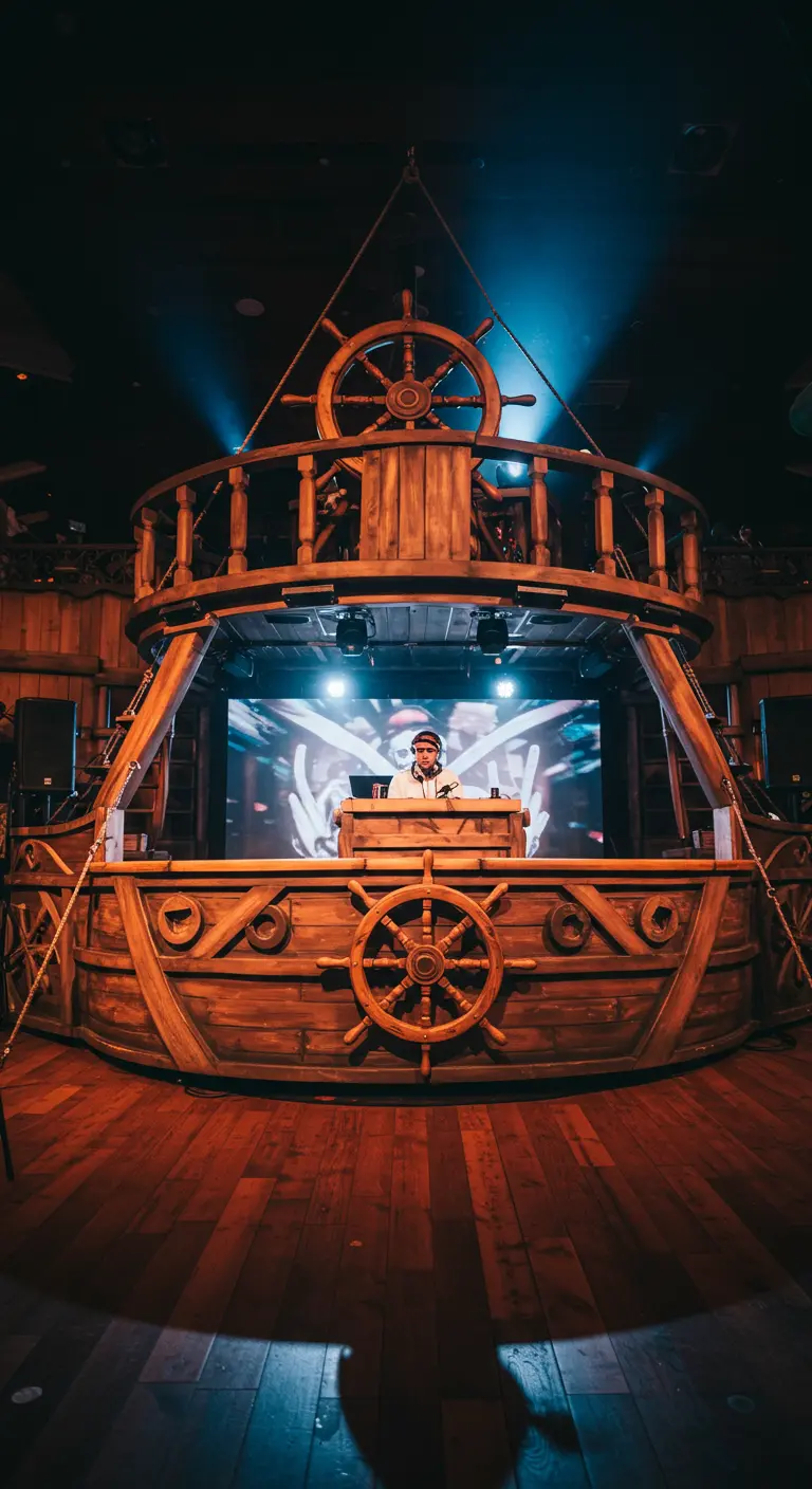 Scène de fête avec une cabine de DJ construite en forme de navire pirate en bois.