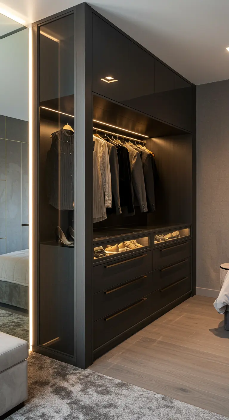 Unité de dressing noire utilisée comme cloison, avec penderie éclairée et tiroirs.