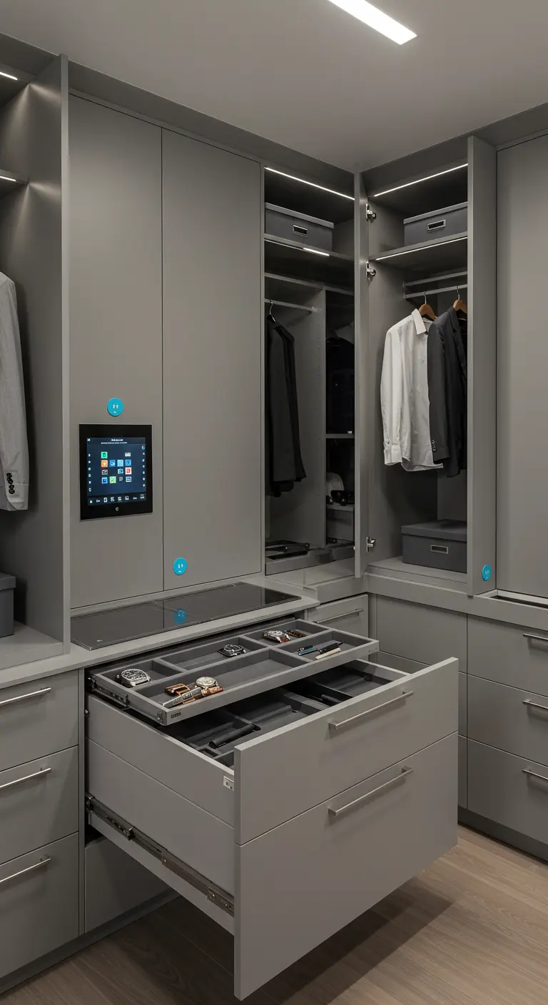 Dressing moderne gris avec un écran de contrôle domotique intégré.