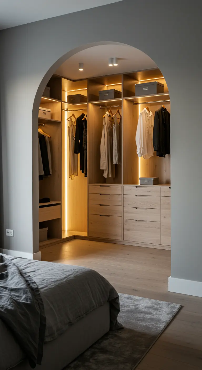 Dressing d'angle ouvert illuminé par des bandes de LED verticales.