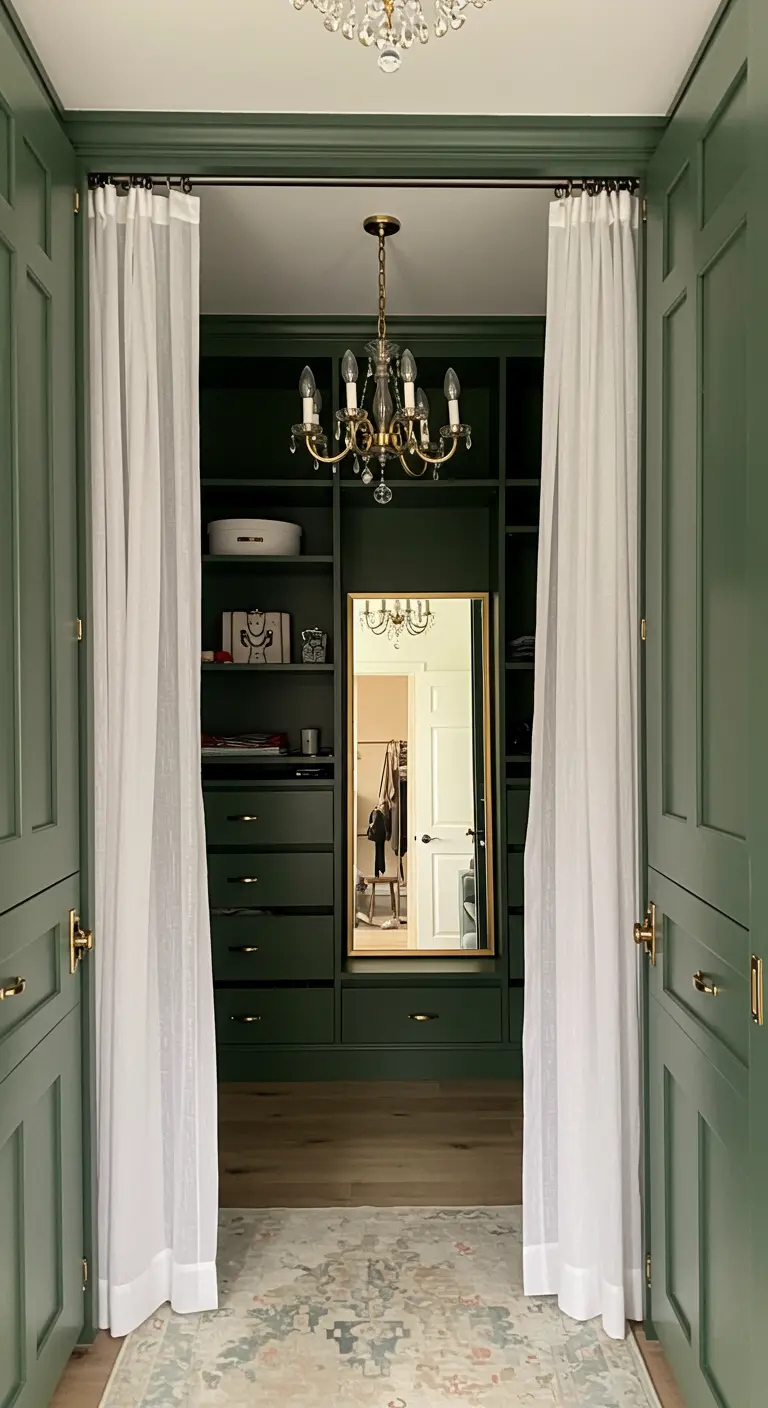Entrée de dressing vert forêt avec portes à double battant, lustre doré et miroir sur pied.