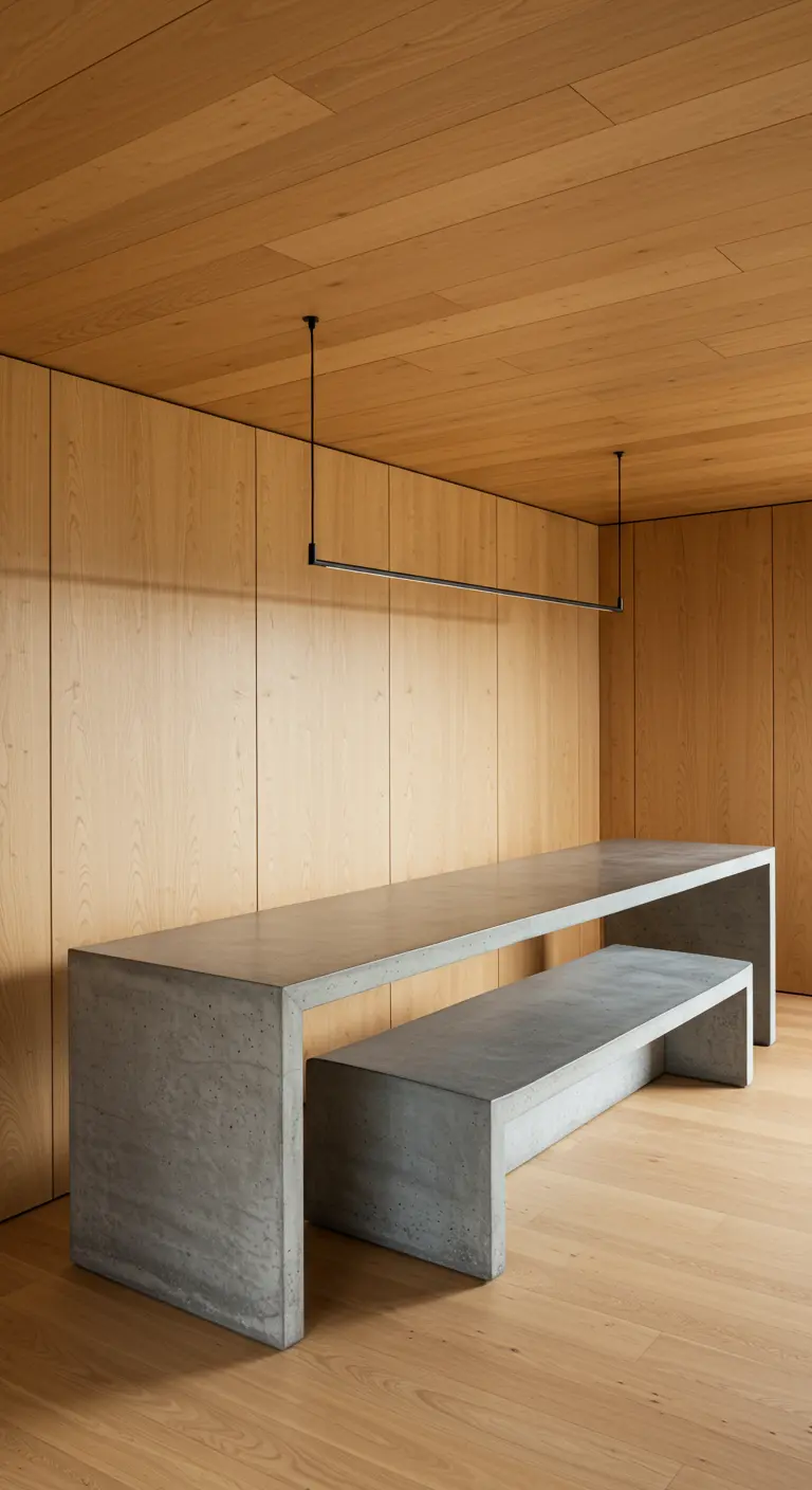 Ensemble table et banc en béton brut devant un mur entièrement recouvert de bois clair.