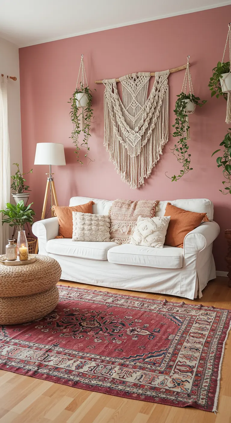 Un mur rose poudré décoré d'une grande tenture en macramé et de plantes suspendues.